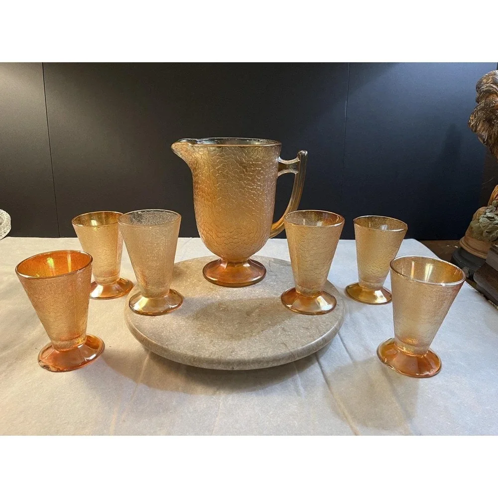 Beautiful Marigold 1930's Crackle Jeanette Glass Pitcher W/ 6 Footed Tumblers